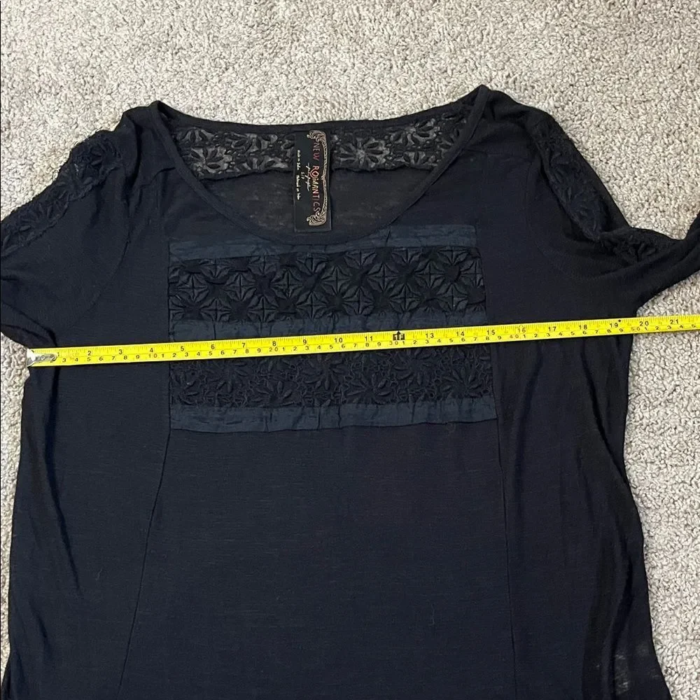 Free People New Romantics Black Sheer Long Sleeve Top Lace Inset Size Small